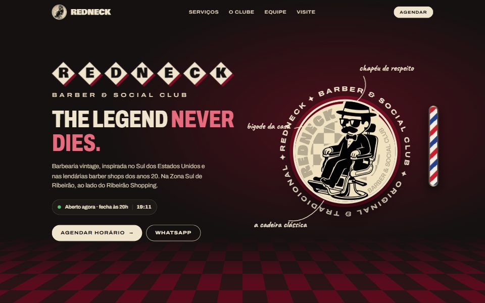 Site da Redneck Barber, barbearia com identidade vinho e creme